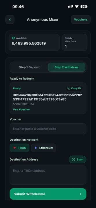 Anonymous Mixer withdraw step