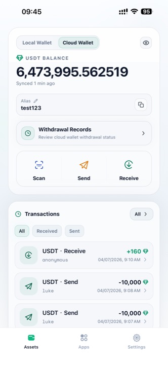 Assets page in Cloud Wallet mode