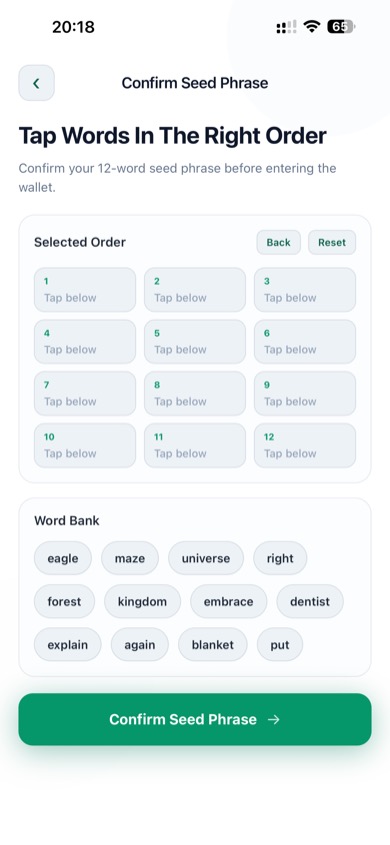Confirm seed phrase