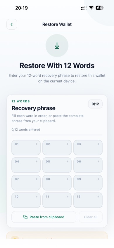 Restore wallet screen