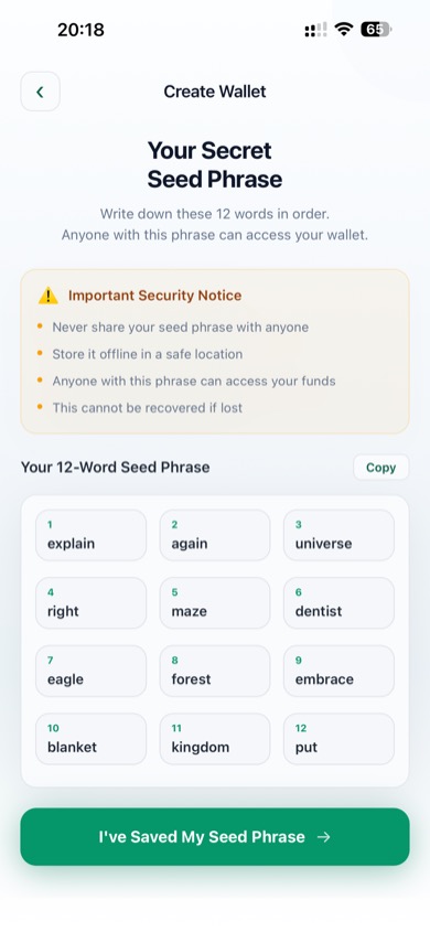 Seed phrase screen